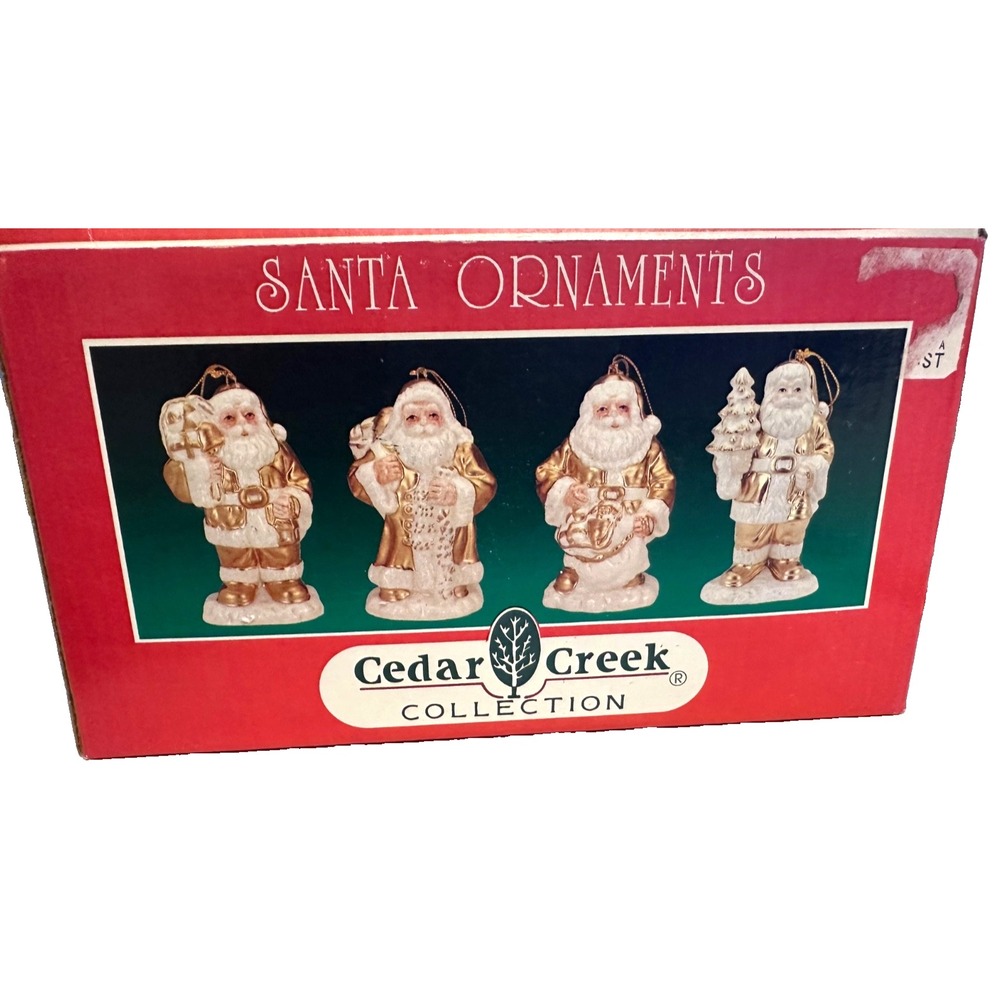 Set of Four Santa Ornaments Cedar Creek Collection Gold & White 4" Tall